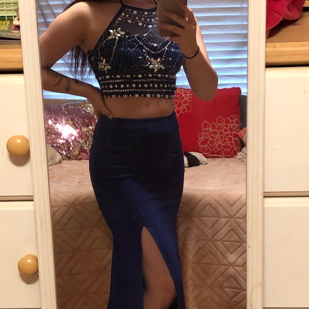 2 piece blue prom dress